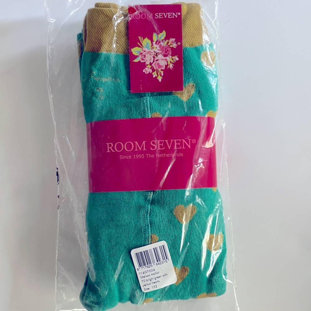 NWT Room Seven Melissa Maillot cotton tights 10 12 152 teal green yellow hearts